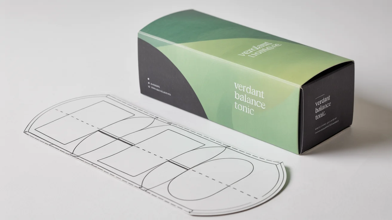 A folded product box labeled 'VERDANT Balance Tonic' placed beside its corresponding flat, unfolded dieline template on a clean white background, demonstrating the box design process.