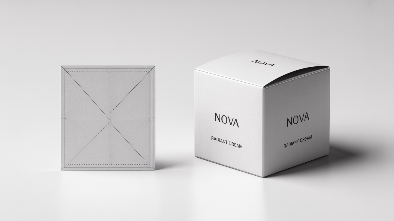 A product mockup showing a flat box dieline on the left and the finished, assembled product box for a brand named 'NOVA' on the right, all on a clean white background.