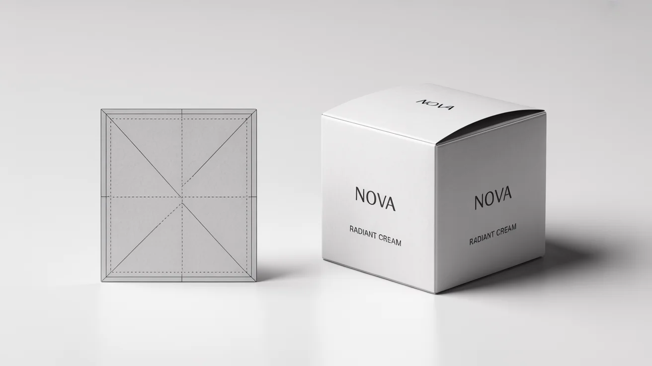 A product mockup showing a flat box dieline on the left and the finished, assembled product box for a brand named 'NOVA' on the right, all on a clean white background.