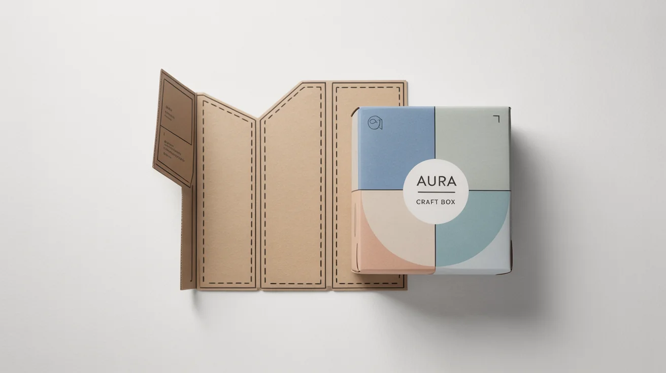 A flat cardboard box dieline with cut and fold marks, shown next to the fully assembled, branded product box, demonstrating the packaging design process on a white background.
