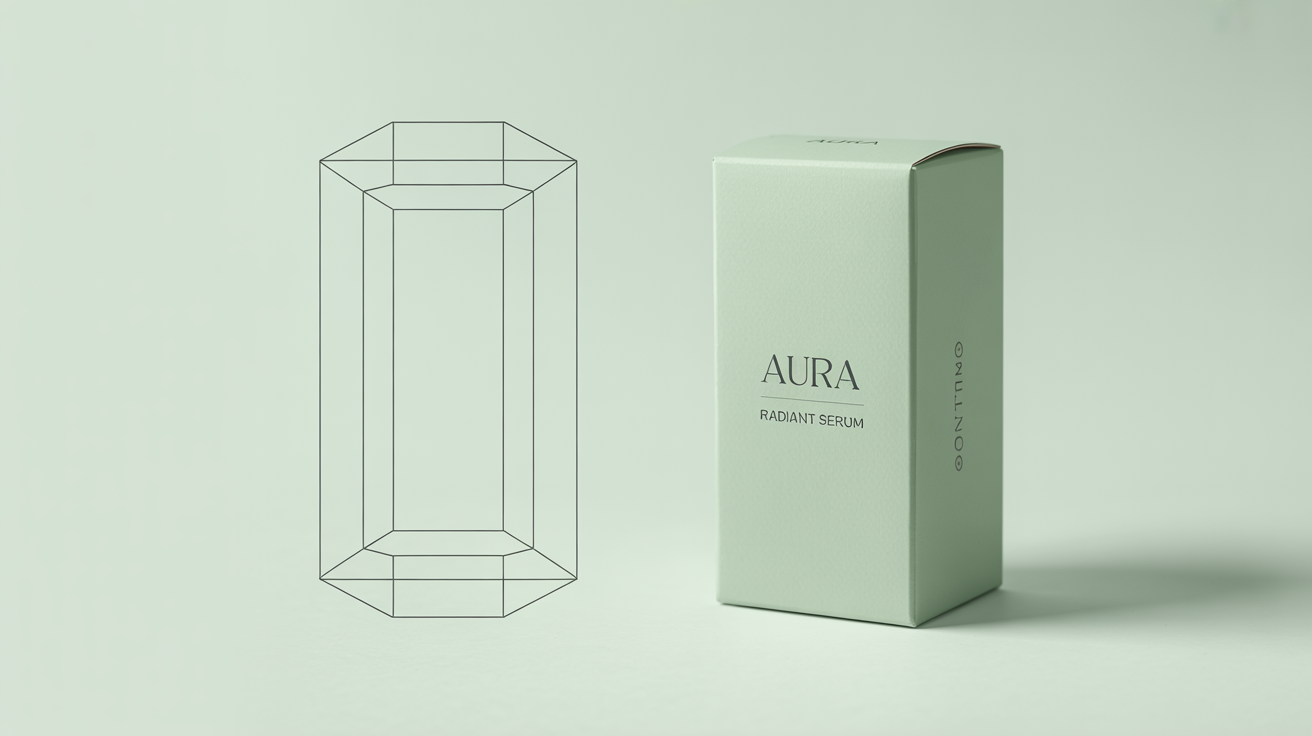 A flat box dieline template shown next to the fully assembled 3D product box for 'AURA Radiant Serum', demonstrating the packaging design process from 2D to 3D.