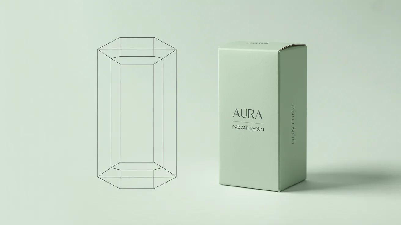 A flat box dieline template shown next to the fully assembled 3D product box for 'AURA Radiant Serum', demonstrating the packaging design process from 2D to 3D.