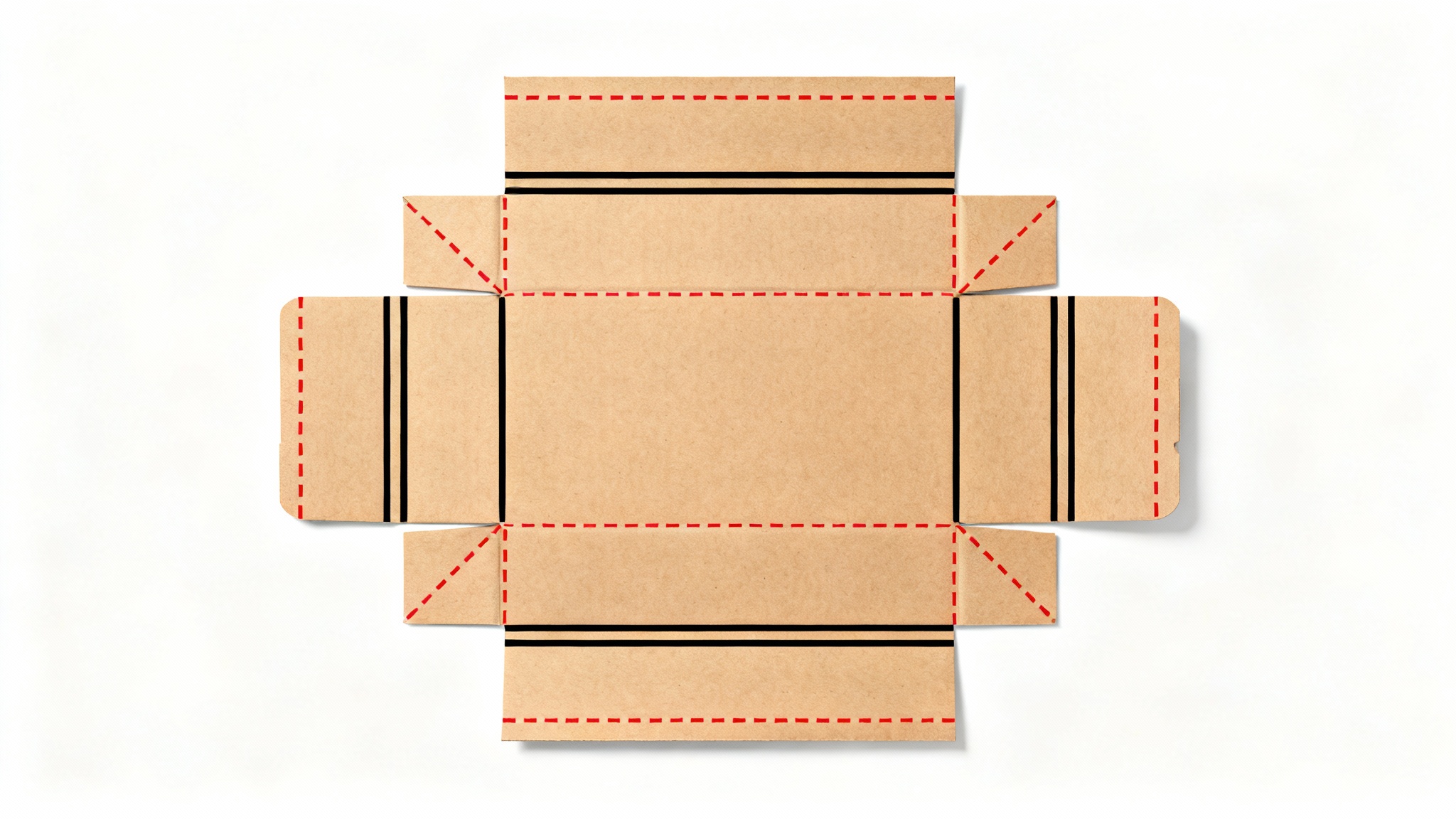 A flat, unfolded box dieline template on a white background, showing the technical blueprint with solid cut lines and dashed fold lines for creating a product package.