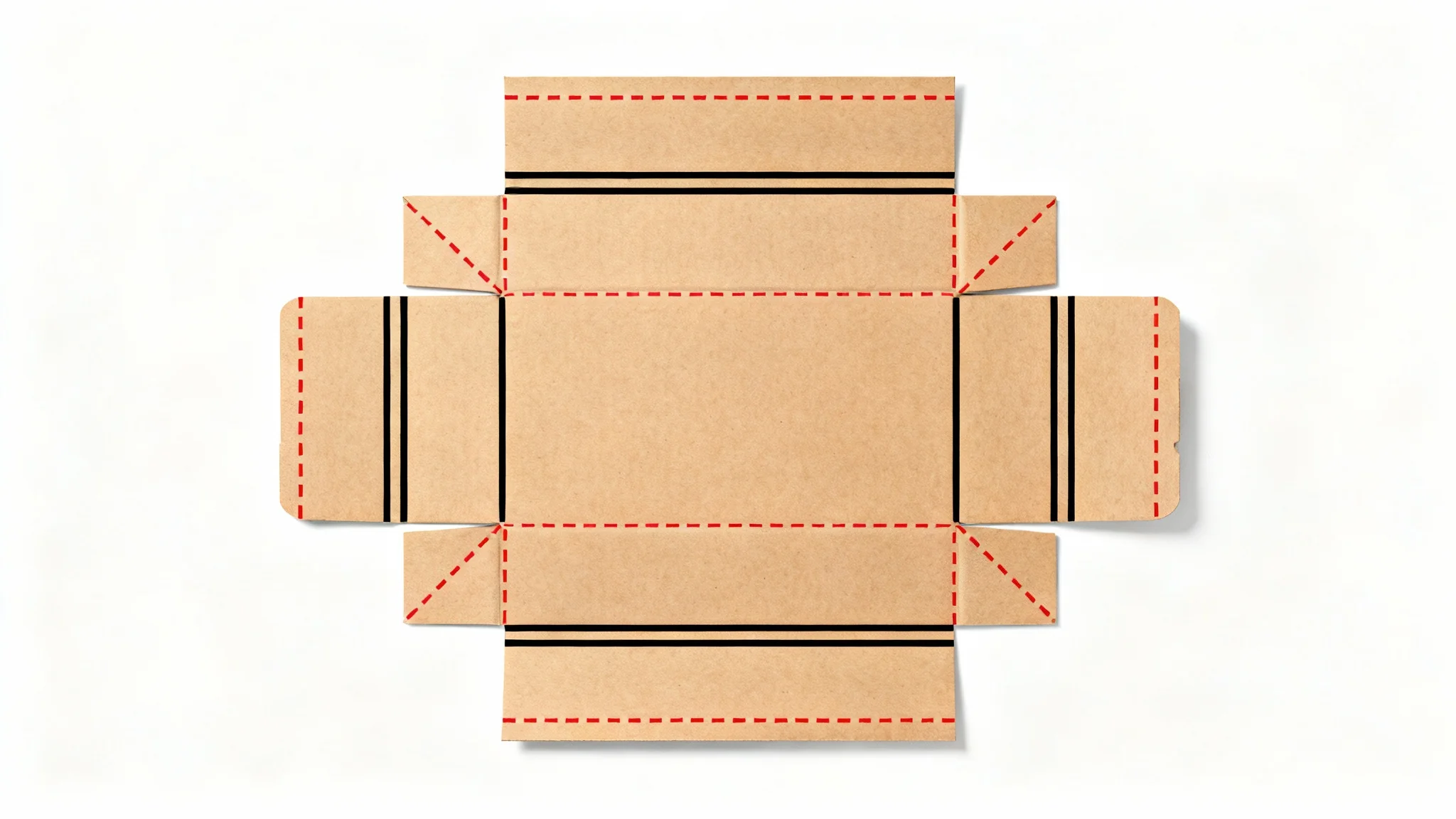 A flat, unfolded box dieline template on a white background, showing the technical blueprint with solid cut lines and dashed fold lines for creating a product package.