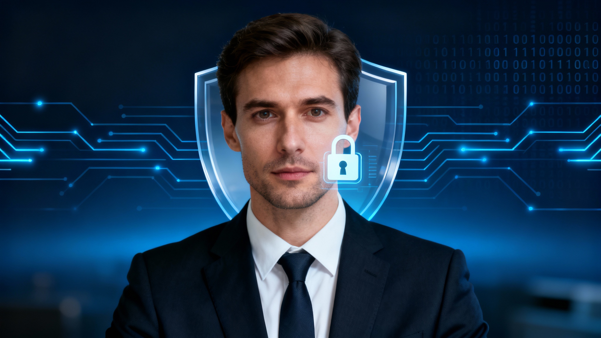 A man in a suit on a video call using a custom Zoom background. The background is dark blue with a high-tech cybersecurity theme, featuring a large shield and lock icon.