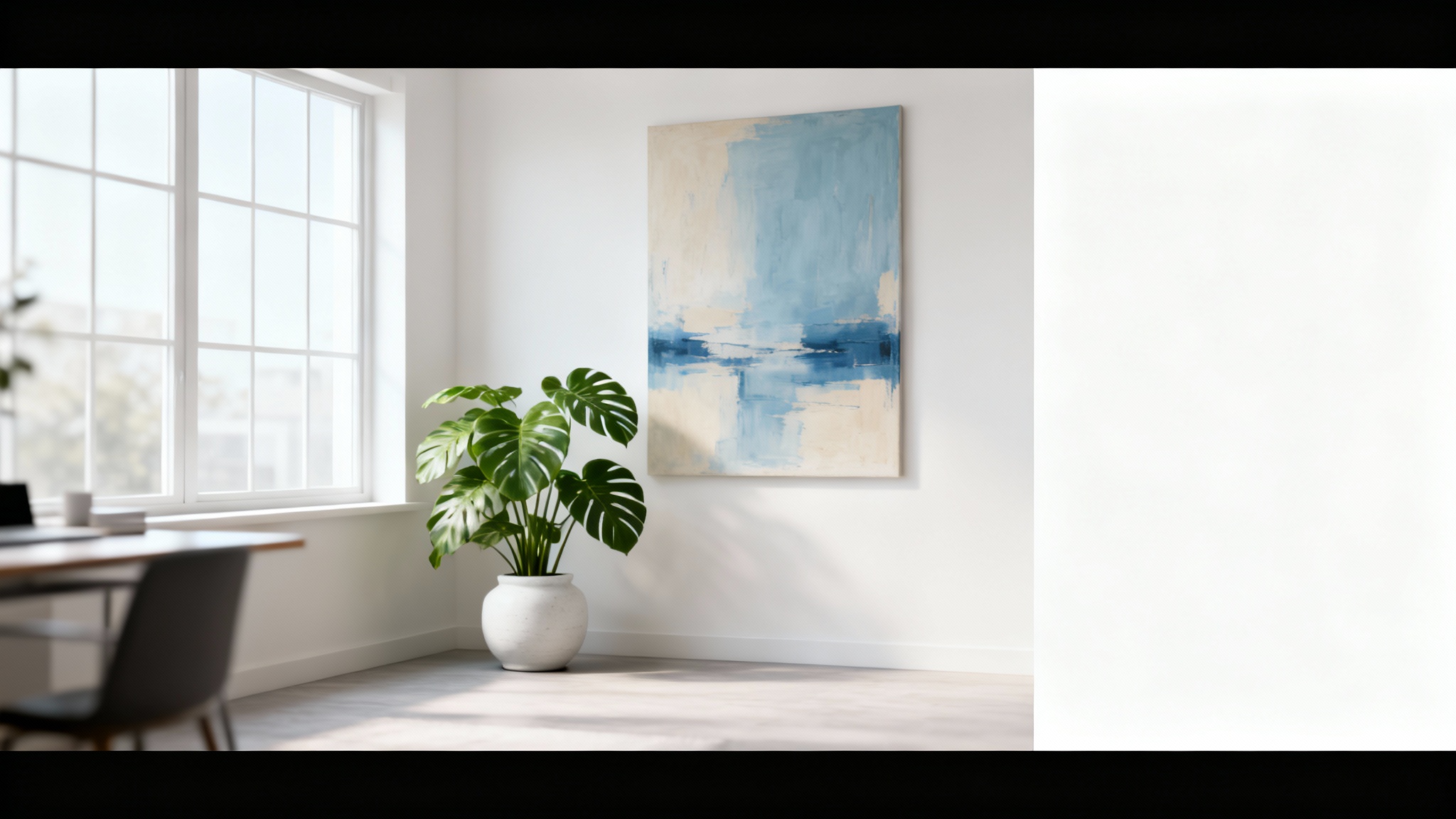 A photorealistic mockup of a professional Zoom background showing a minimalist, sunlit home office with a large plant and an abstract painting.
