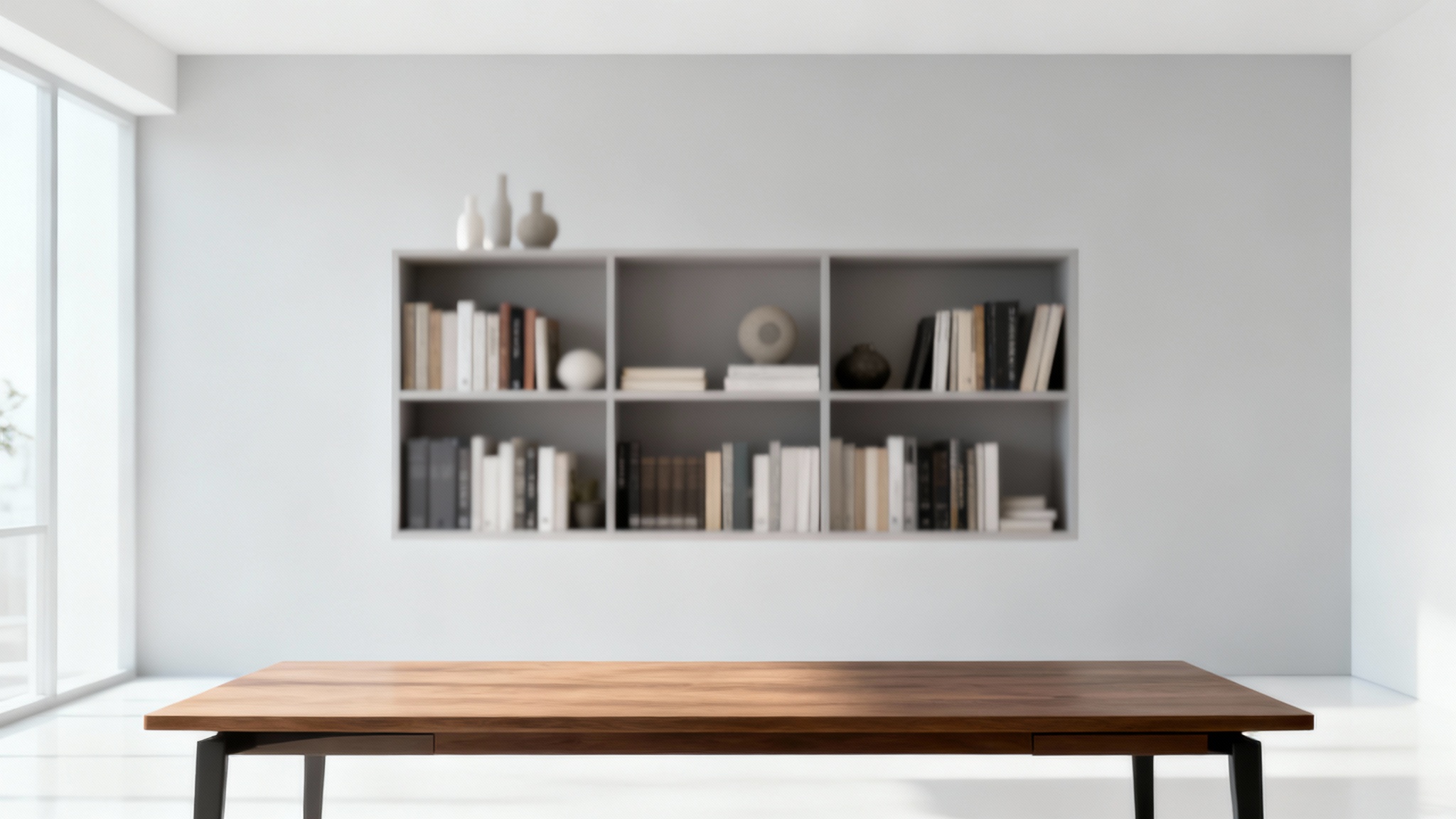 A mockup of a professional Zoom background featuring a modern and minimalist home office with a bookshelf, displayed against a clean white background.