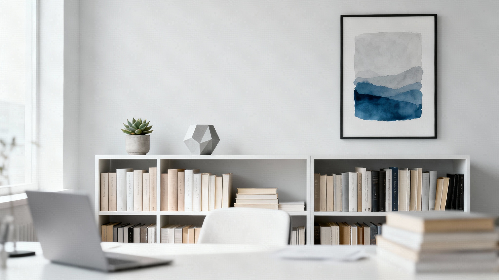 A photorealistic mockup of a modern and minimalist home office, presented as a professional Zoom background. The scene includes a tidy bookshelf with books and small decor, and a piece of abstract art on the wall, creating a serene and professional atmosphere.