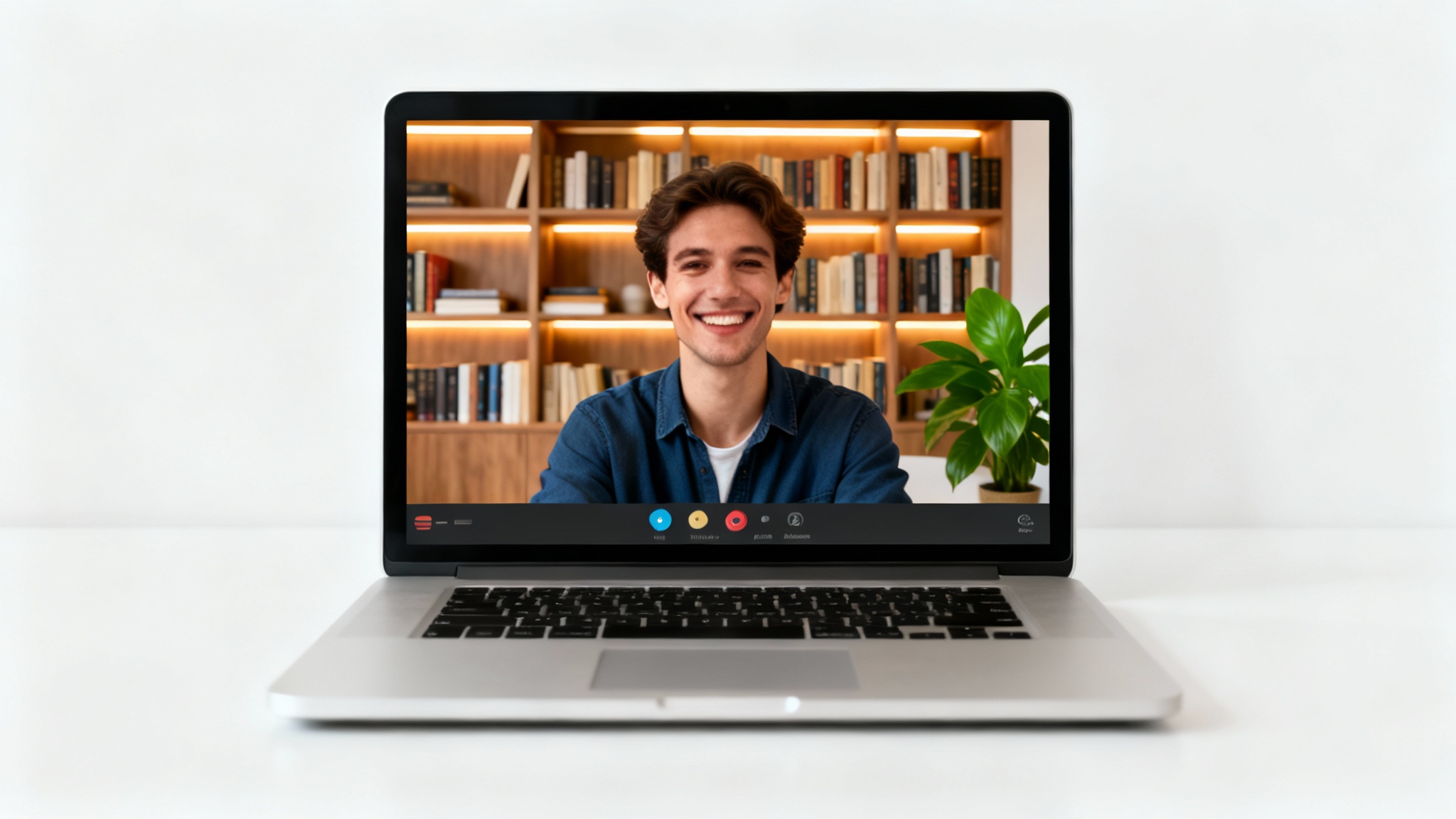 A mockup of a laptop on a white background, displaying a video call where a person uses a professional virtual background of a home library.