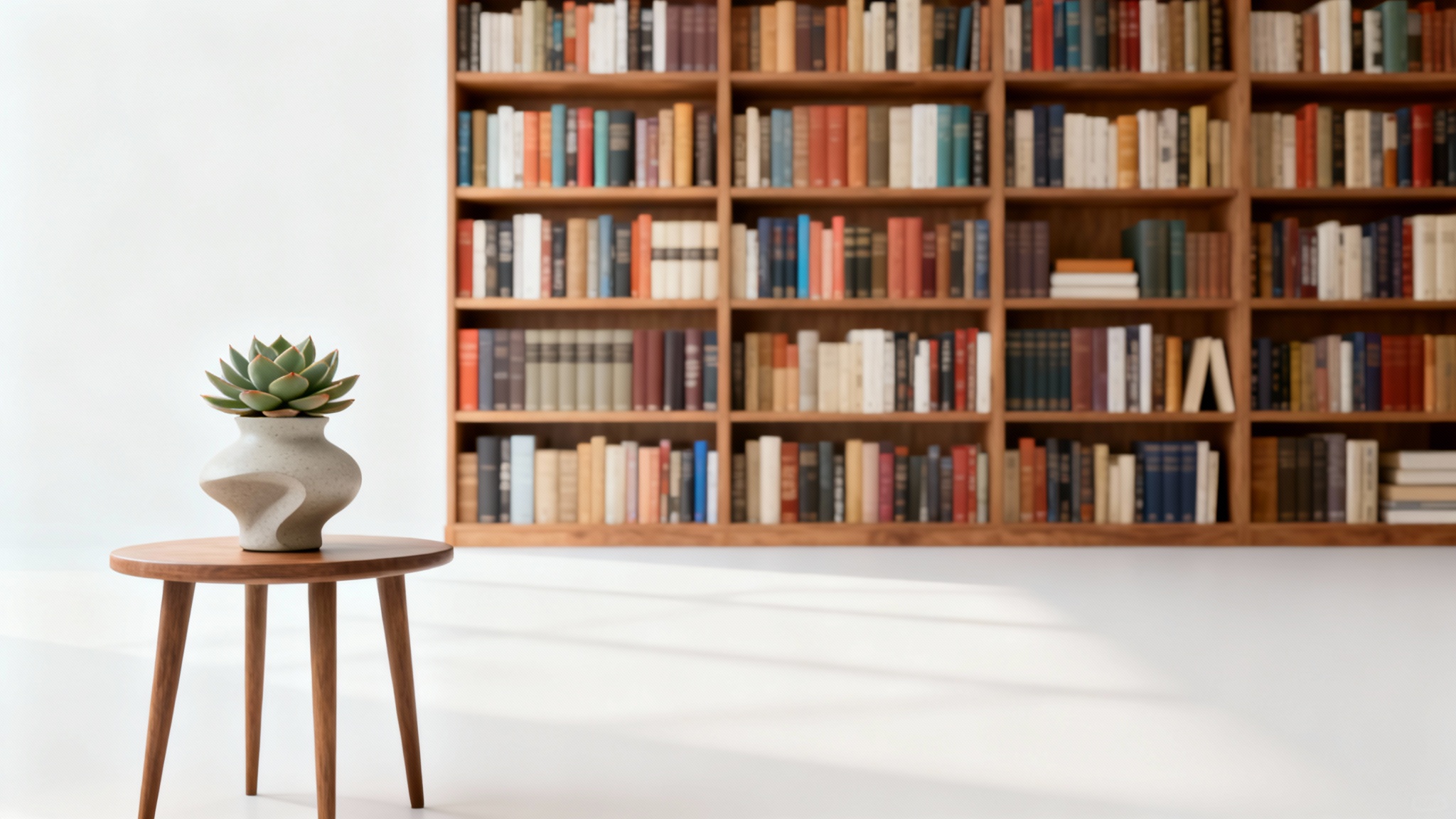A professional virtual background of a modern home library with a color-coordinated bookshelf, perfect for video conferences.