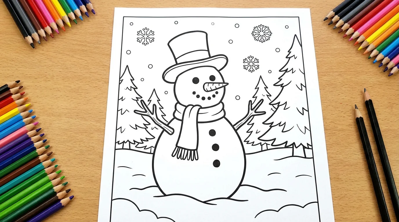 A black and white line art coloring page showing a happy snowman with a top hat and scarf in a winter scene with trees and snowflakes, ready to be colored.