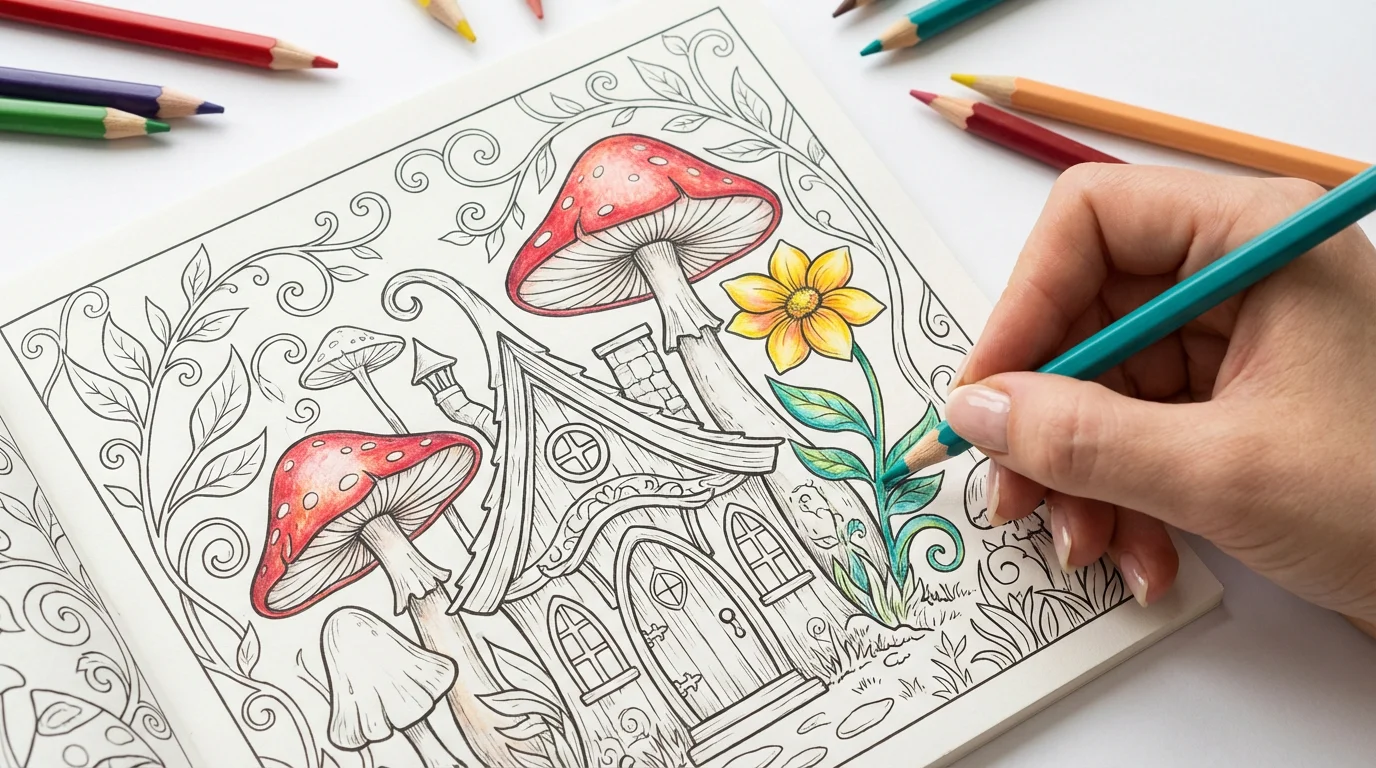 A top-down view of a hand coloring an intricate, whimsical forest scene on a coloring page with a colored pencil. The page is partially colored with vibrant hues against a stark white background.