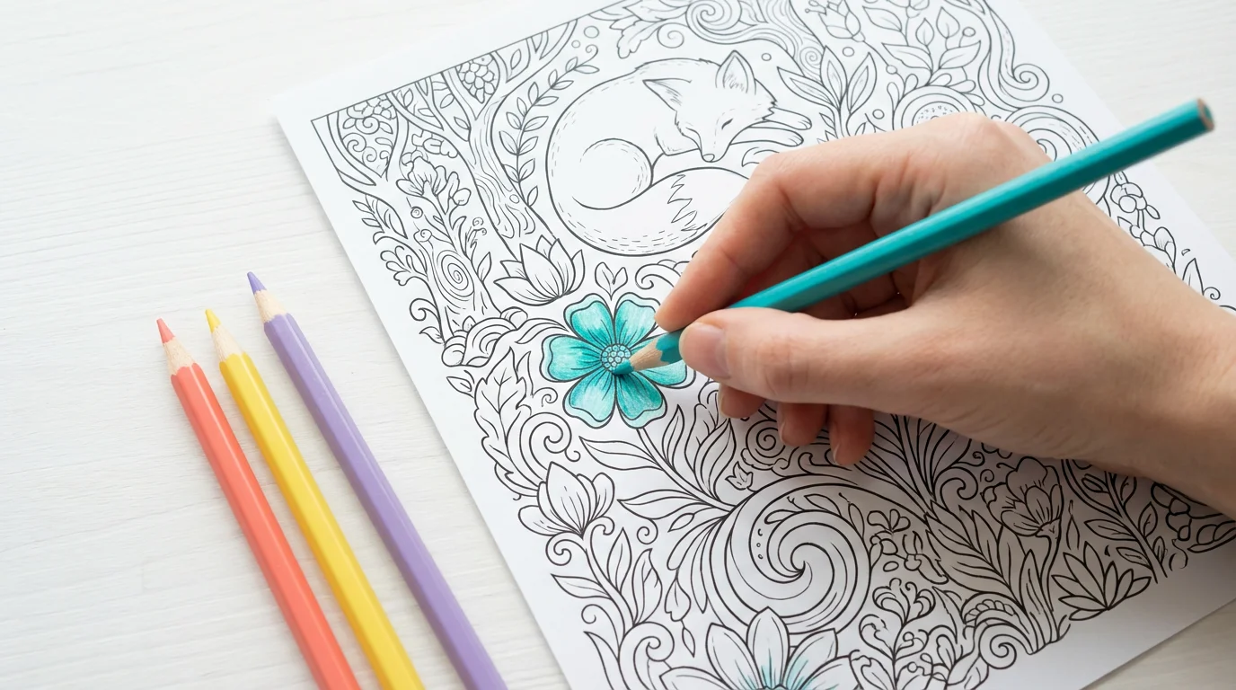 A hand holding a turquoise pencil colors in a detailed black and white line art drawing of a fox in a forest, set against a clean white background.