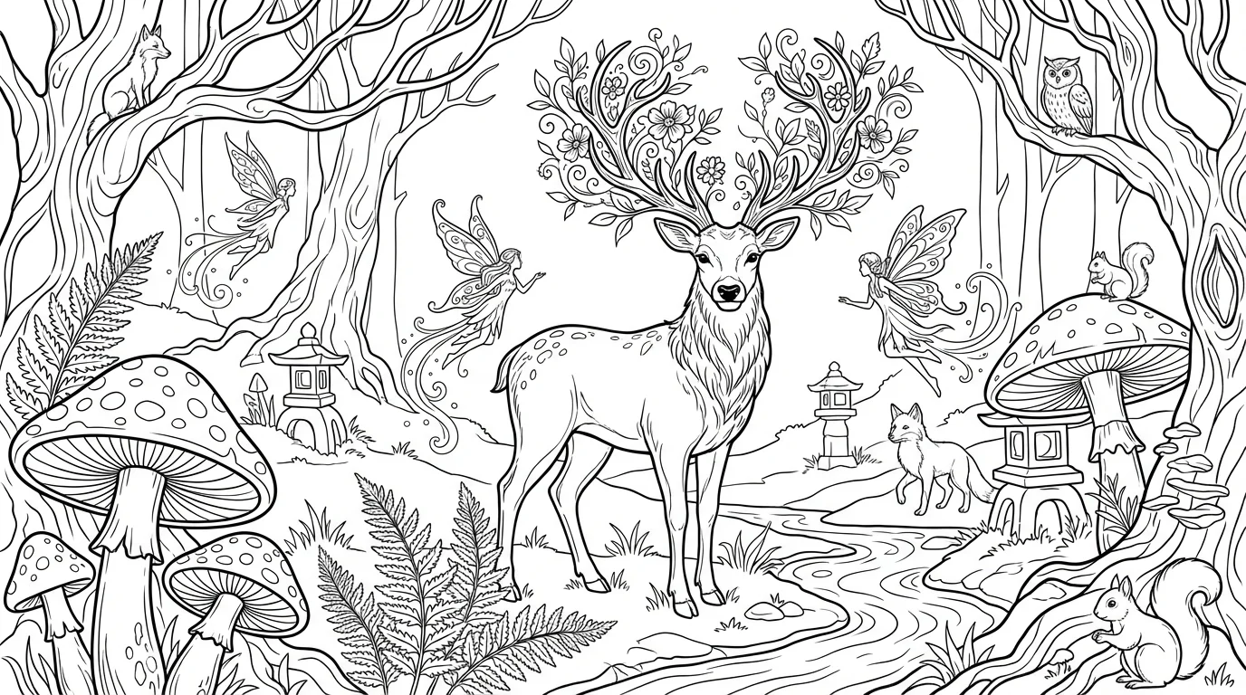 A black and white line art coloring page showing a majestic stag in an enchanted forest filled with whimsical mushrooms and fairies, ready to be colored.