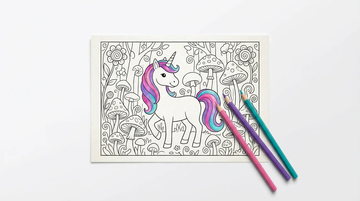 A partially colored-in coloring page of a unicorn in a magical forest, shown with colored pencils on a clean white background.
