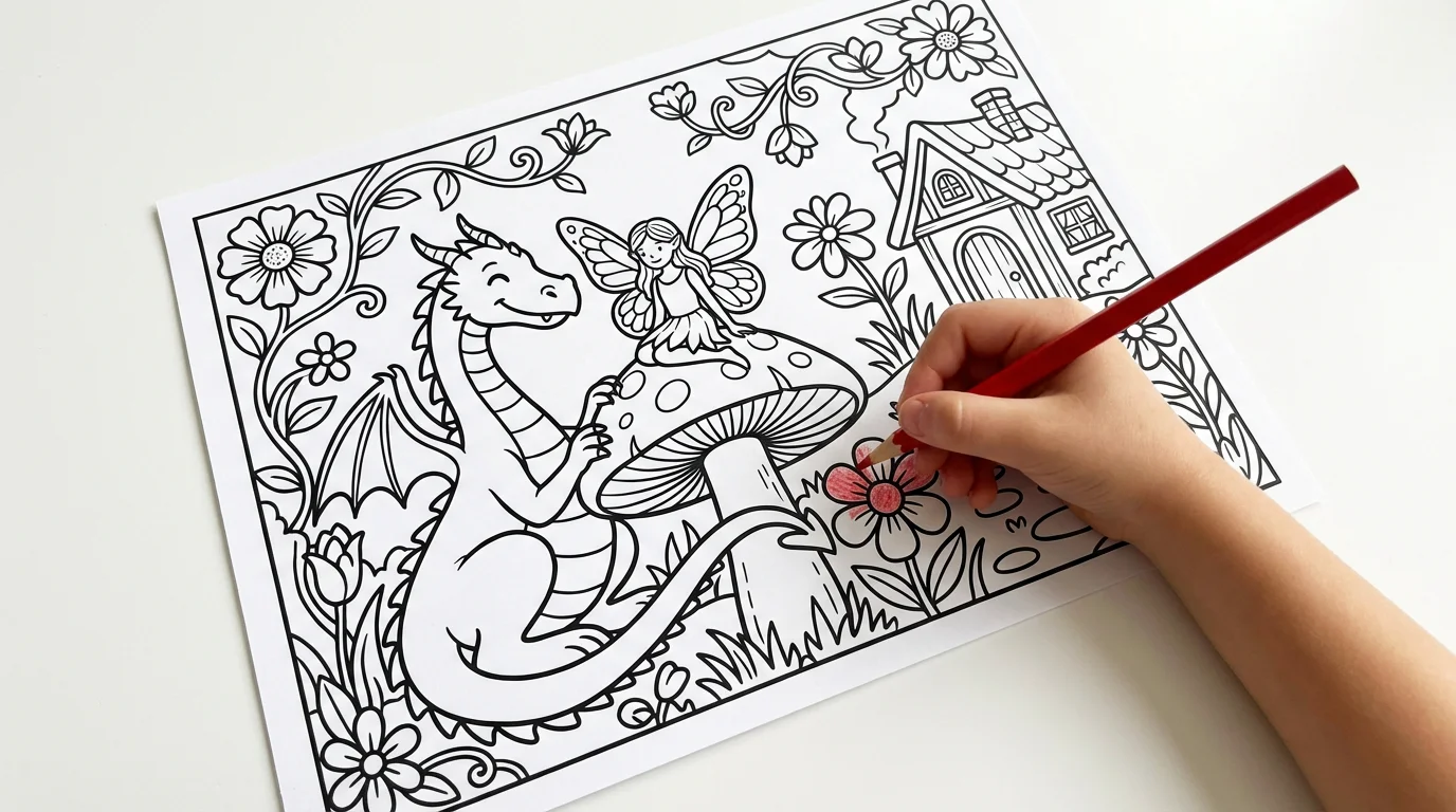 A close-up of a detailed, black and white coloring page of an enchanted forest with a dragon and a fairy. A hand holding a red colored pencil is poised to color it in, all on a clean white background.