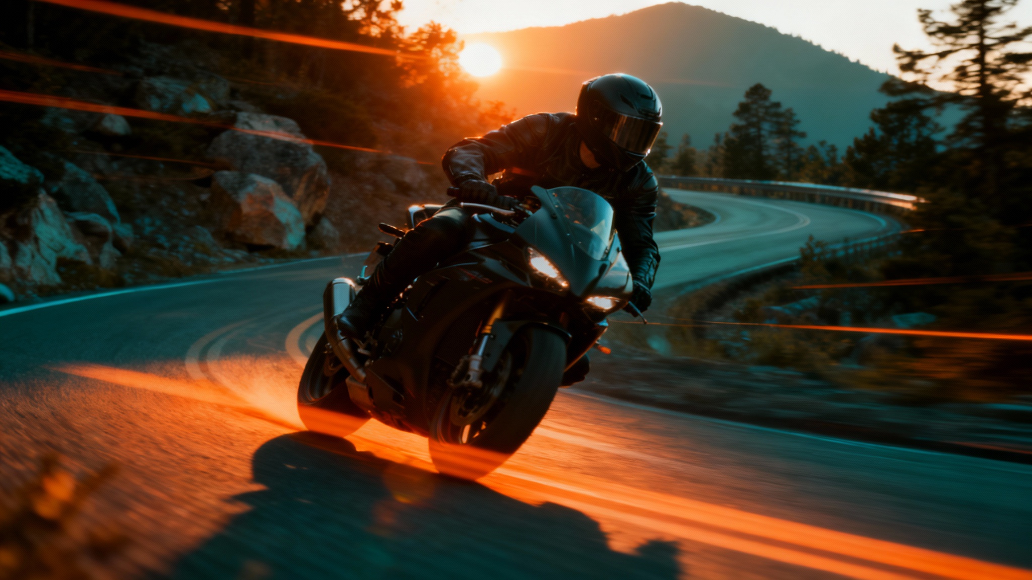 A cinematic, color-edited photograph of a motorcyclist leaning into a turn on a mountain road at sunset, showcasing a professional editing style with dramatic colors, motion blur, and lens flare.