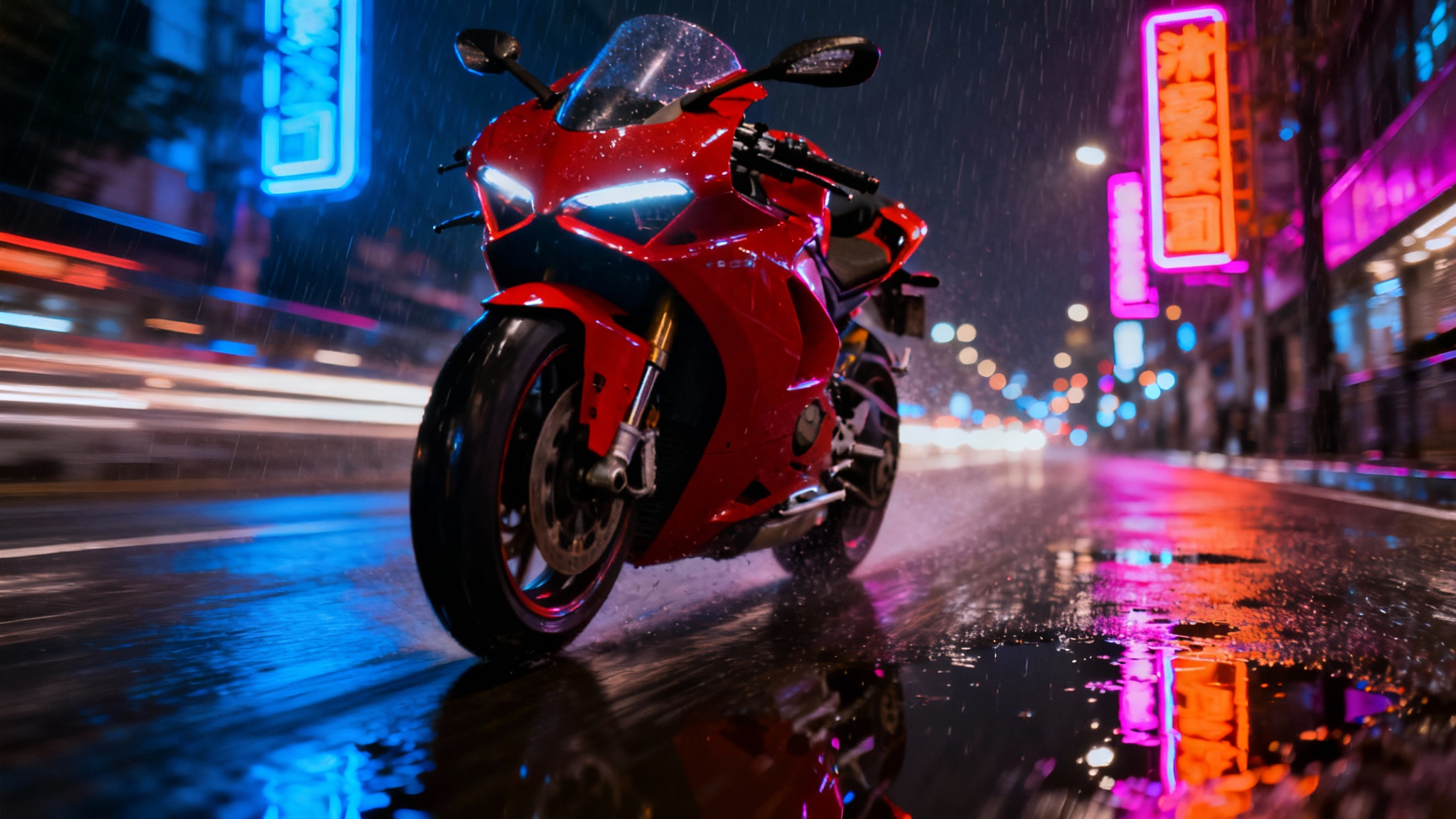 A cinematic photo of a red sports motorcycle speeding down a wet city street at night, with vibrant neon lights reflecting on its body.