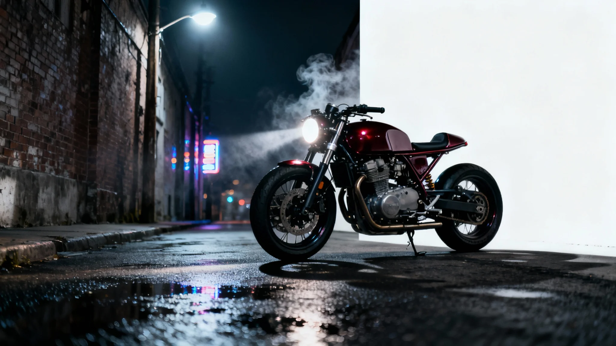 A cinematic night shot of a red cafe racer motorcycle on a wet city alley, with dramatic lighting and neon reflections, presented against a white background.