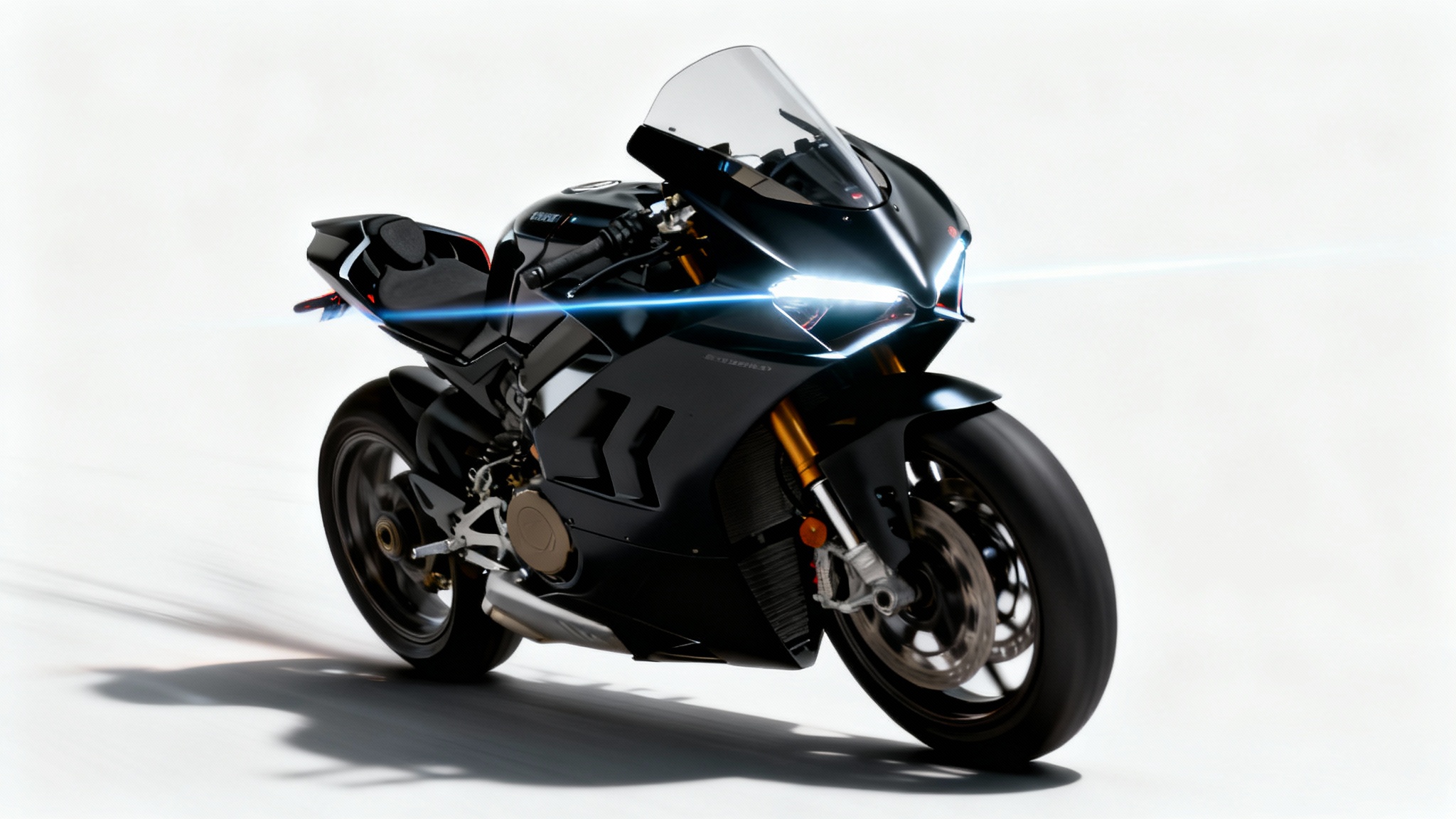A hyper-realistic cinematic photo of a modern black sports motorcycle captured in a dynamic, leaning pose against a clean white background, conveying speed and drama.