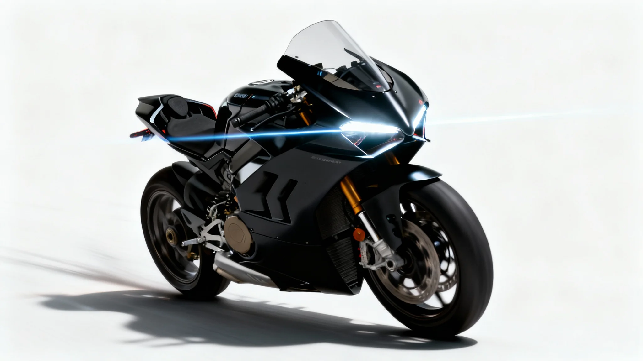 A hyper-realistic cinematic photo of a modern black sports motorcycle captured in a dynamic, leaning pose against a clean white background, conveying speed and drama.