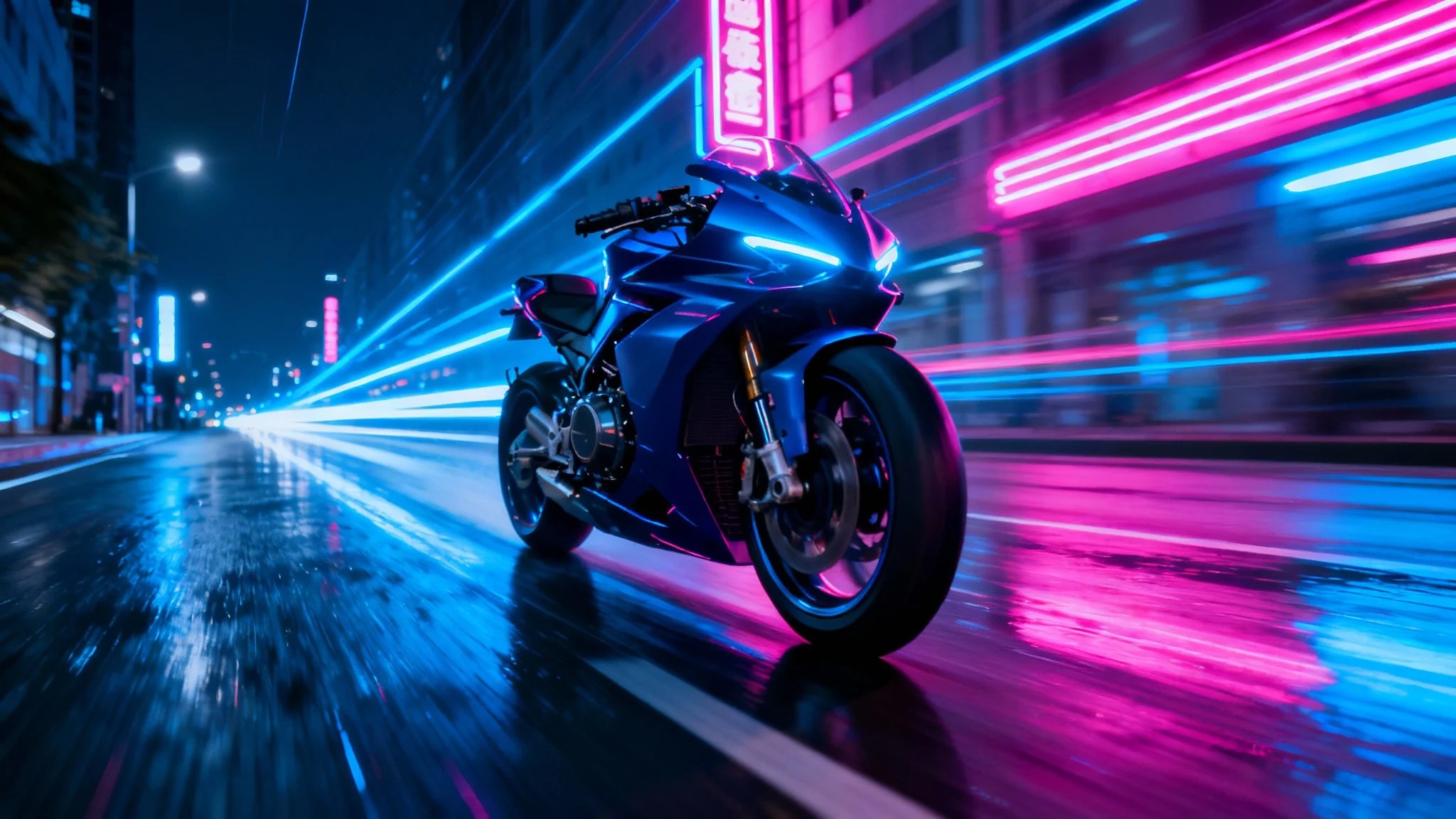 A cinematic, low-angle shot of a futuristic motorcycle speeding down a wet city street at night, illuminated by dramatic blue and pink neon lights.