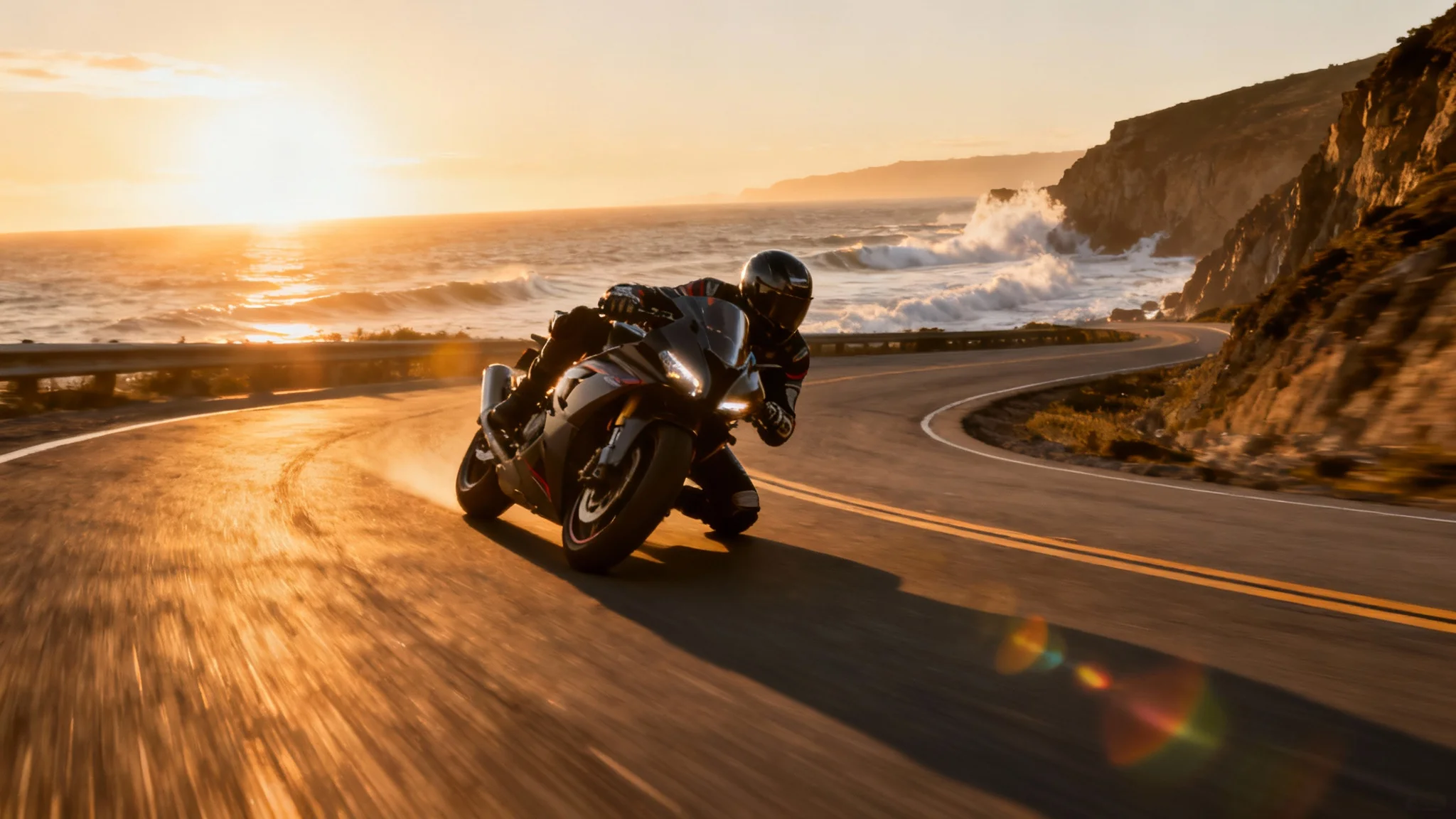 A cinematic photo of a motorcycle speeding around a sharp turn on a coastal road at sunset, captured in a dramatic, low-angle shot with motion blur.