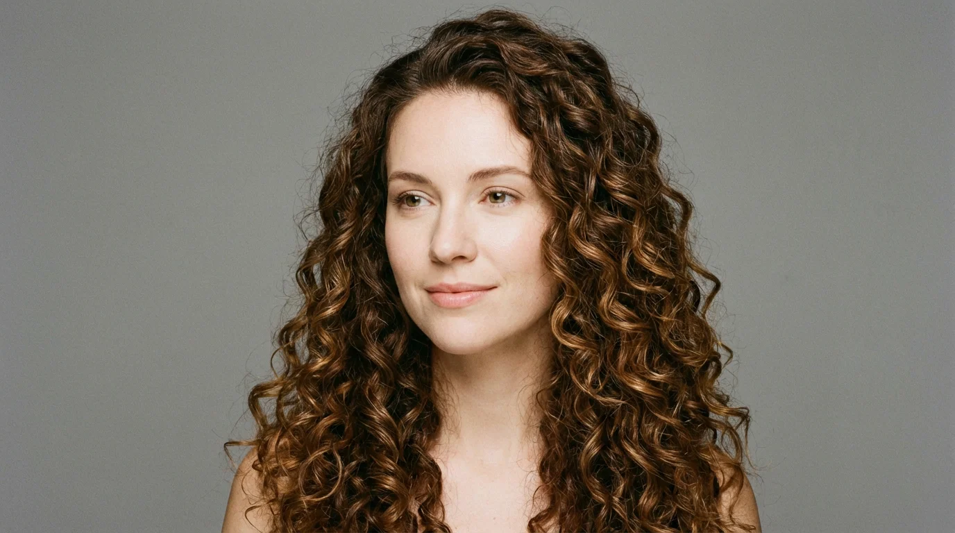 A studio headshot of a woman with long, perfectly defined, bouncy spiral curls, smiling gently against a solid gray background.