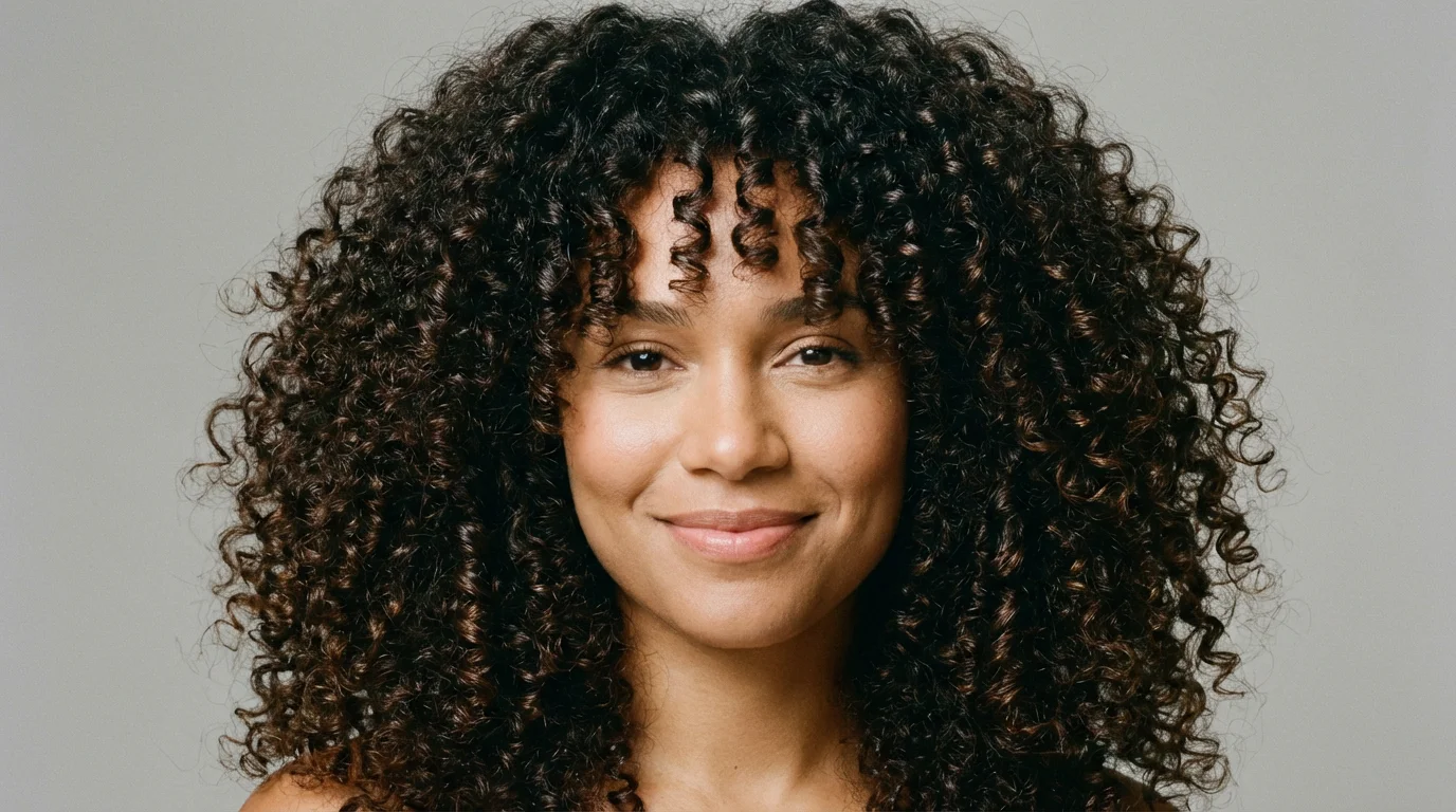 A studio headshot of a woman with voluminous, perfectly defined, dark brown spiral curls, smiling against a plain light gray background.
