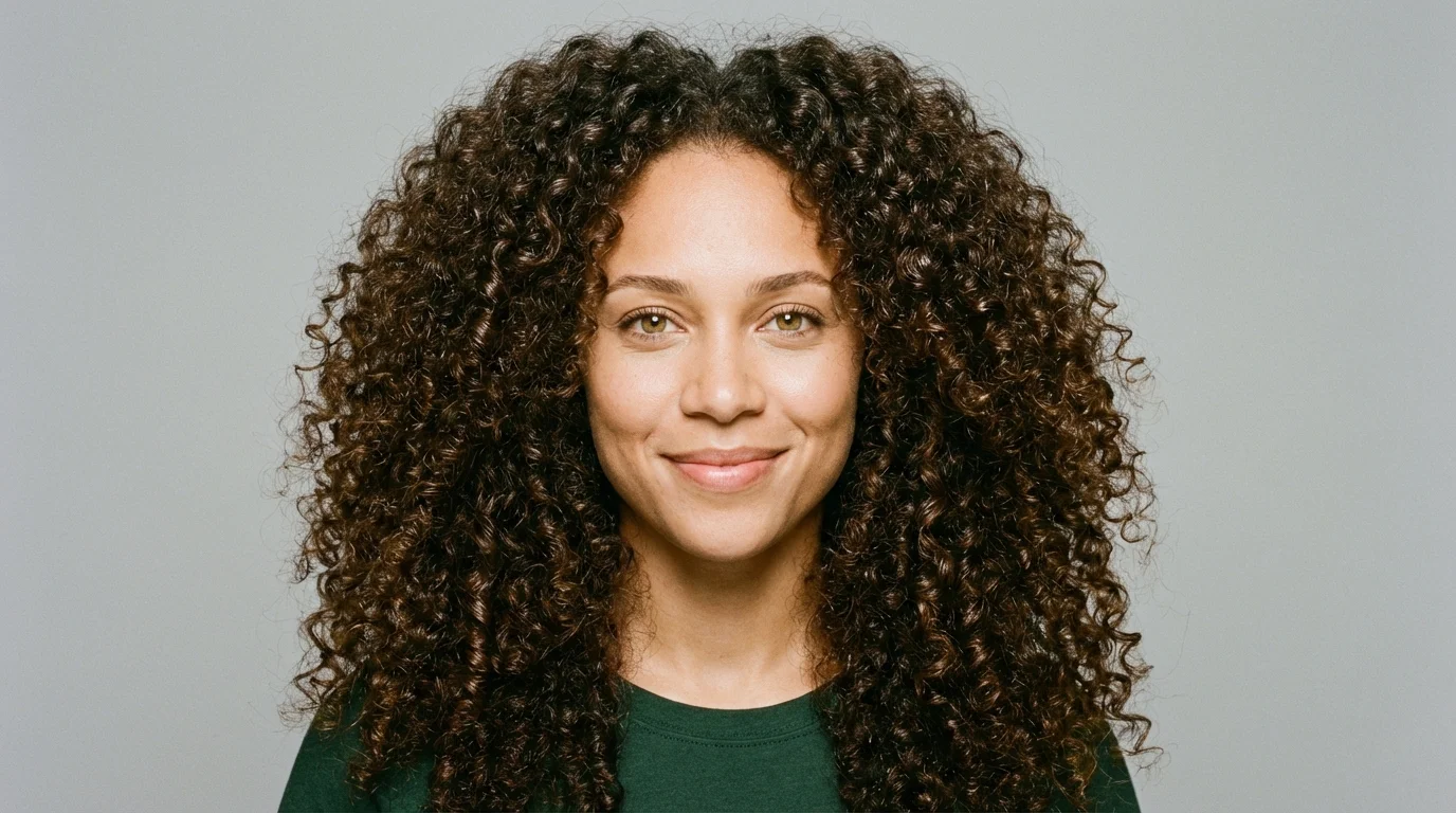 A head and shoulders portrait of a woman with voluminous, dark brown curly hair and a gentle smile, set against a solid light gray background.