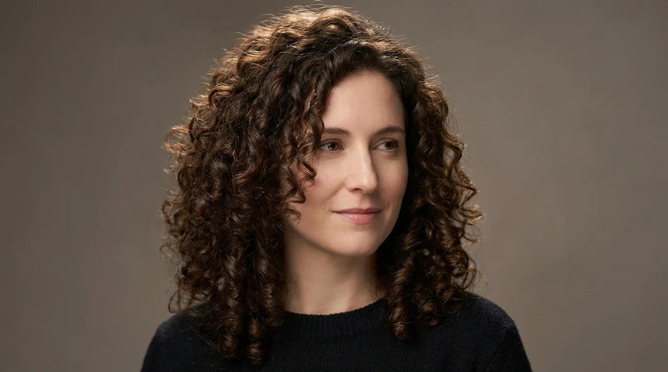 A studio portrait of a woman with vibrant, perfectly formed dark brown curly hair, set against a plain gray background. Her hair fills the top half of the image.