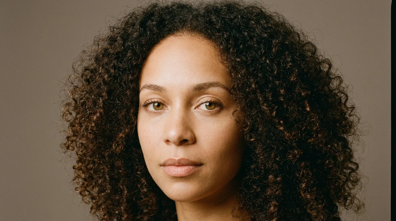 A photorealistic close-up portrait of a woman with generated voluminous, tight, dark brown curly hair, shown against a neutral gray background.