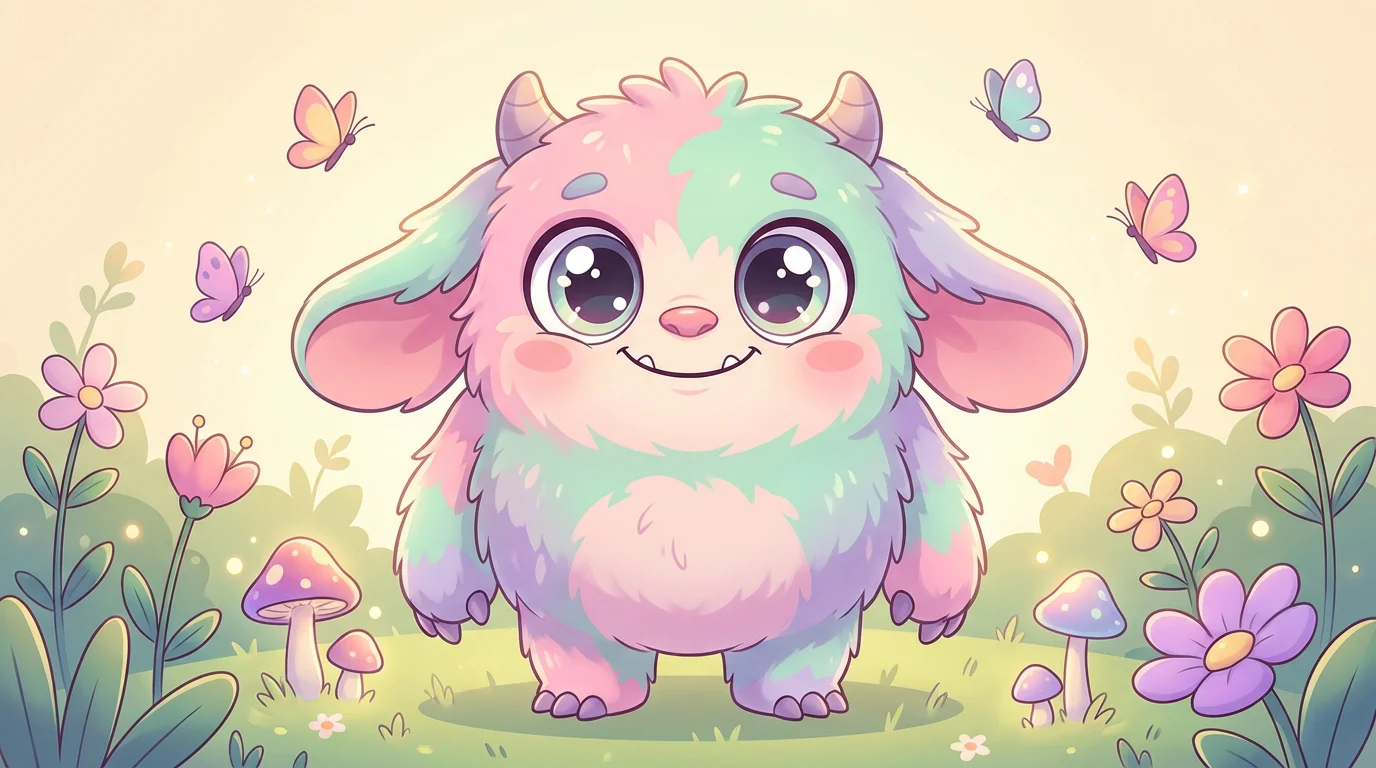 A finished digital illustration of a cute, fluffy monster with pastel fur, big sparkling eyes, and a wide smile, standing happily in a field of colorful flowers and butterflies. The art style is polished and professional.