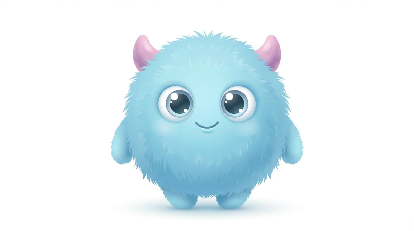 An adorable, fluffy blue monster with big eyes and a friendly smile, presented as a whimsical illustration on a white background.