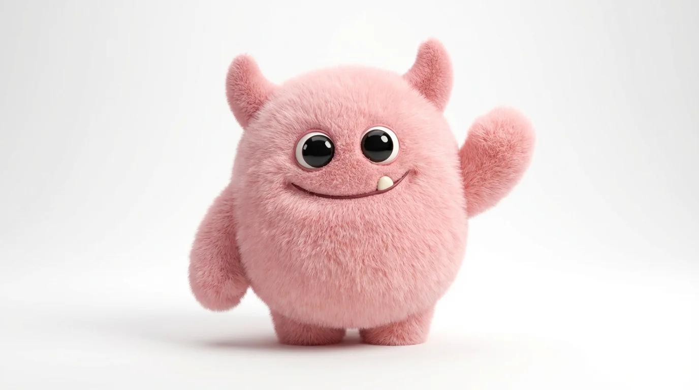 A cute, fluffy pink monster with big eyes and a friendly smile, waving in a 3D digital illustration style against a solid white background.