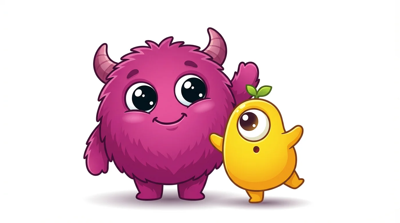 A digital illustration of a large, fluffy pink monster and a small, one-eyed yellow monster smiling together on a plain white background.