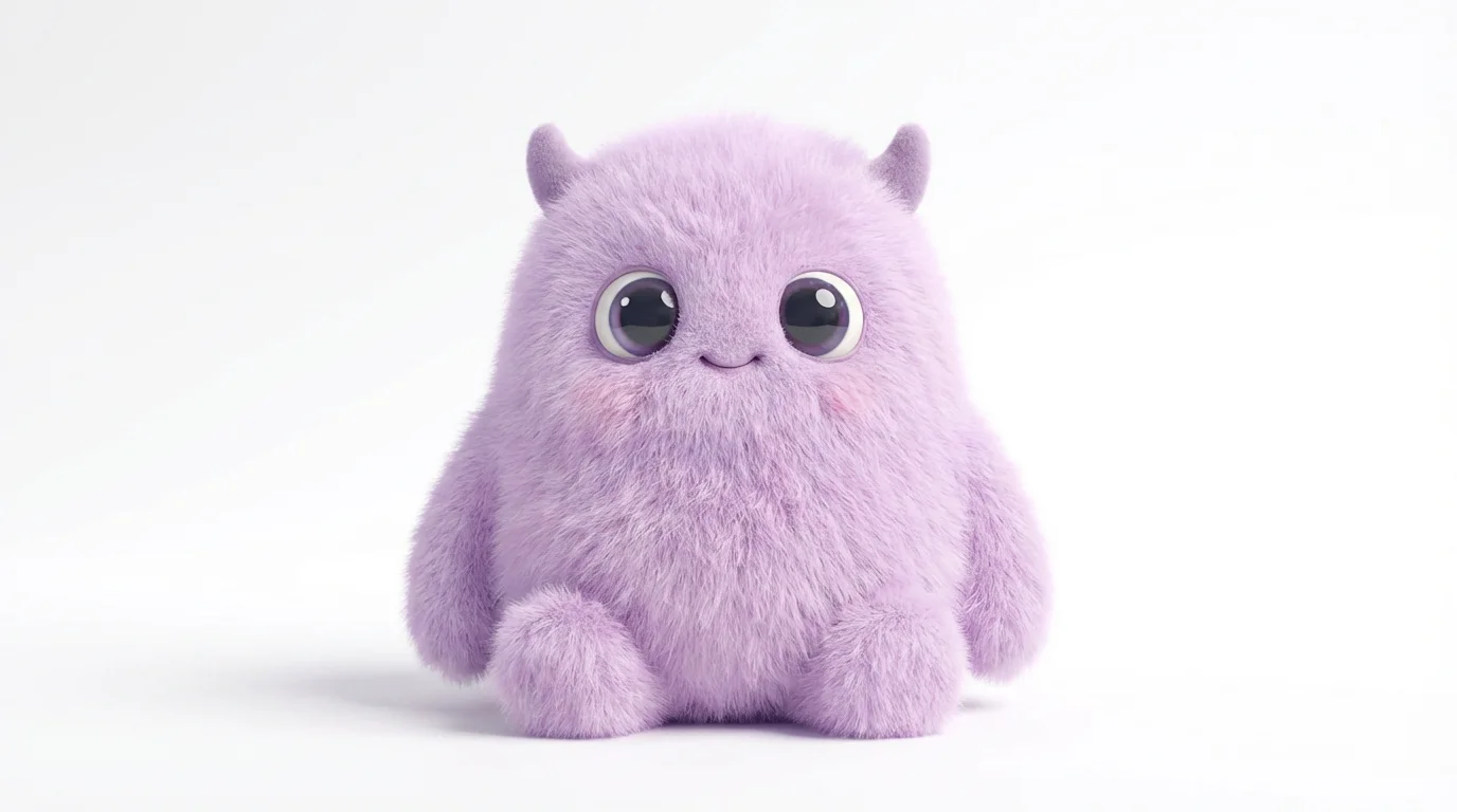 A cute 3D illustrated monster with soft lavender fur, big glossy eyes, and a friendly smile, sitting against a plain white background.