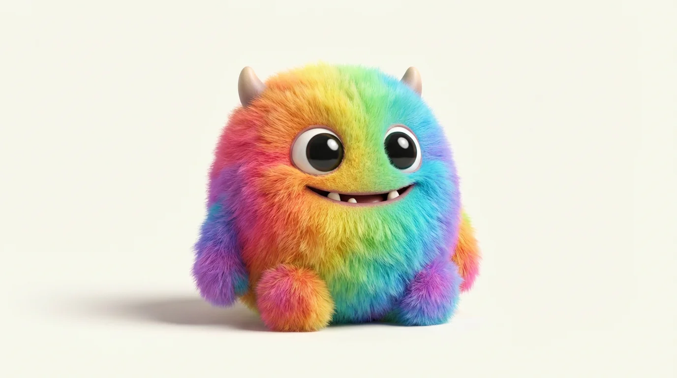 A cute and fluffy rainbow-colored monster character with big, friendly eyes and a wide smile, presented as a 3D digital illustration against a clean white background.