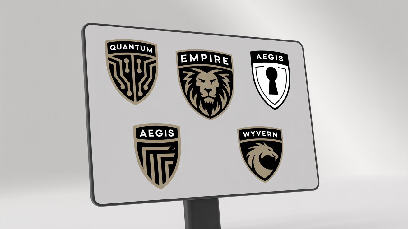A showcase of four professionally designed shield logos for different industries, displayed in a clean grid layout.