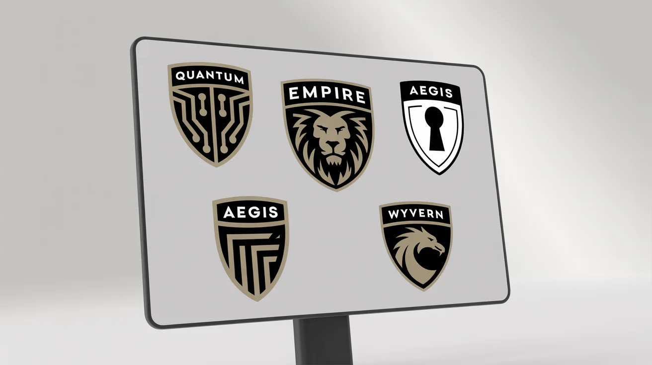 A showcase of four professionally designed shield logos for different industries, displayed in a clean grid layout.