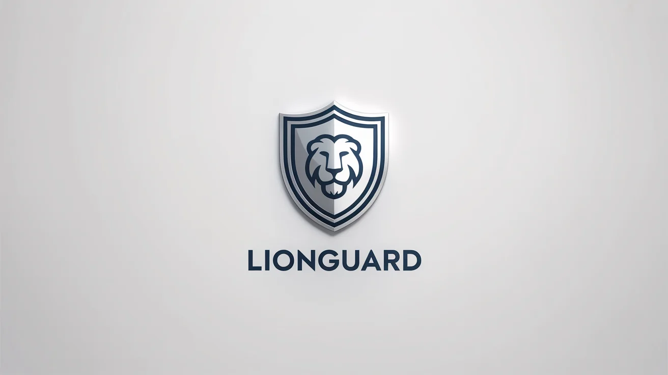 A professional mockup of a shield logo for a brand called 'LIONGUARD', featuring a silver shield with a navy blue lion icon inside, set against a plain white background.
