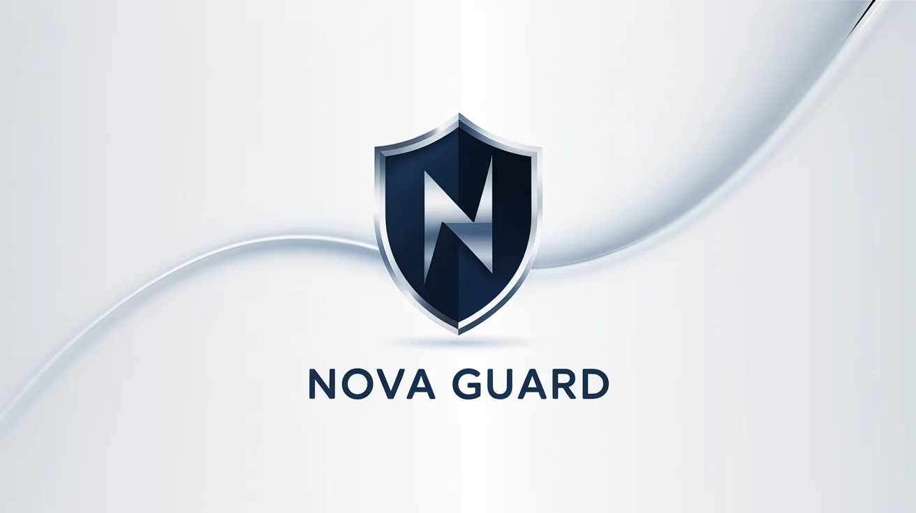 A modern and professional shield logo for a company named 'Nova Guard', featuring a navy blue and silver design on a clean white background.