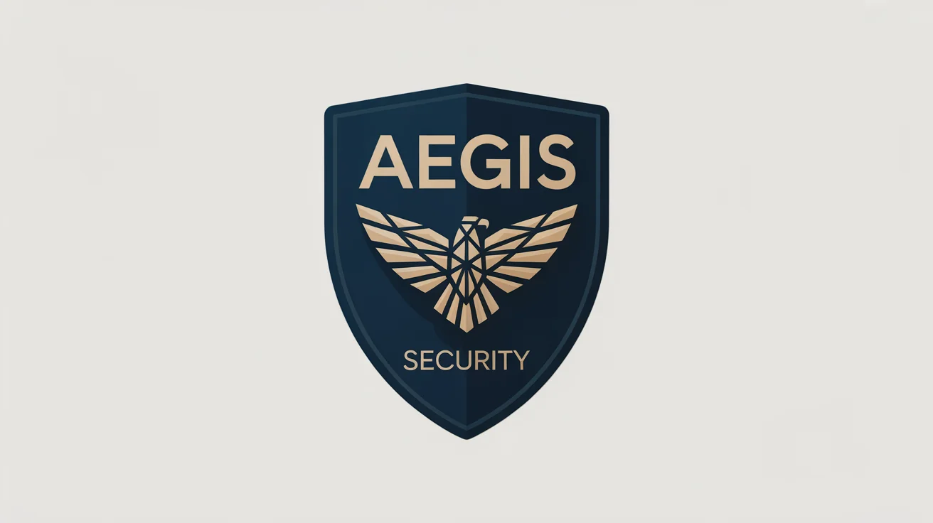 A modern shield logo for a security company named Aegis Security, featuring a golden geometric eagle on a navy blue shield, set against a white background.