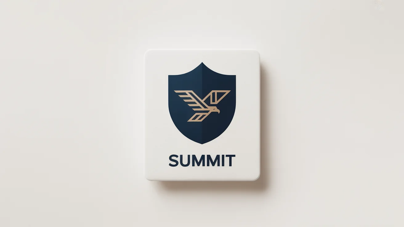 A professional mockup of a modern shield logo on a white background. The navy blue shield contains a gold eagle icon, with the brand name 'SUMMIT' written underneath in a clean, sans-serif font.