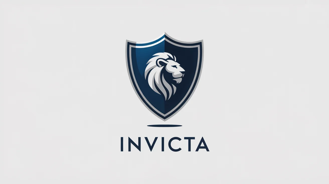 A modern, professional shield logo in navy blue and silver. The logo features a geometric lion's head and the word 'INVICTA' underneath, presented on a white background.