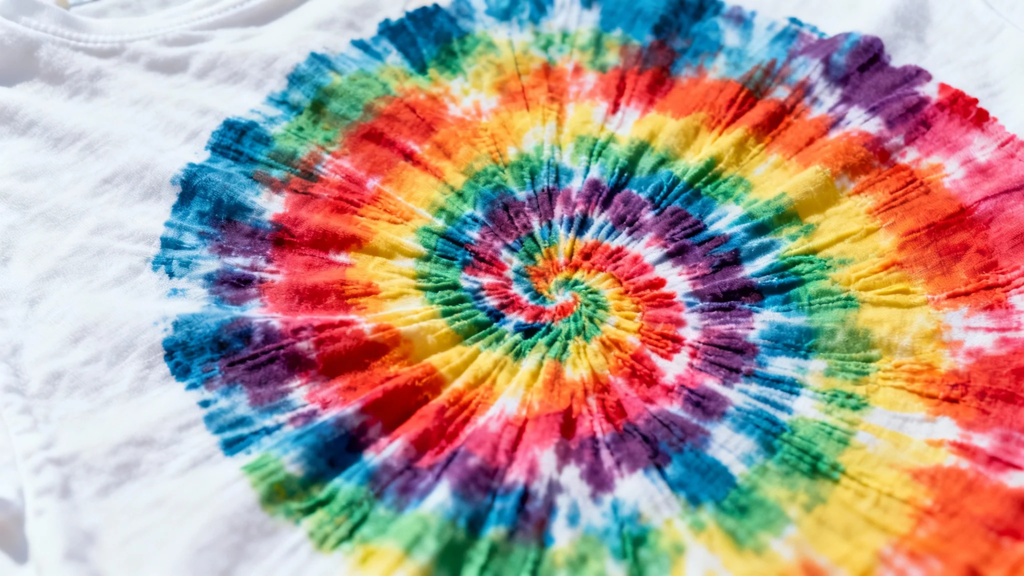A close-up hero image of a vibrant, professionally made rainbow spiral tie-dye pattern on a piece of fabric, showcasing a beautiful and colorful design result.