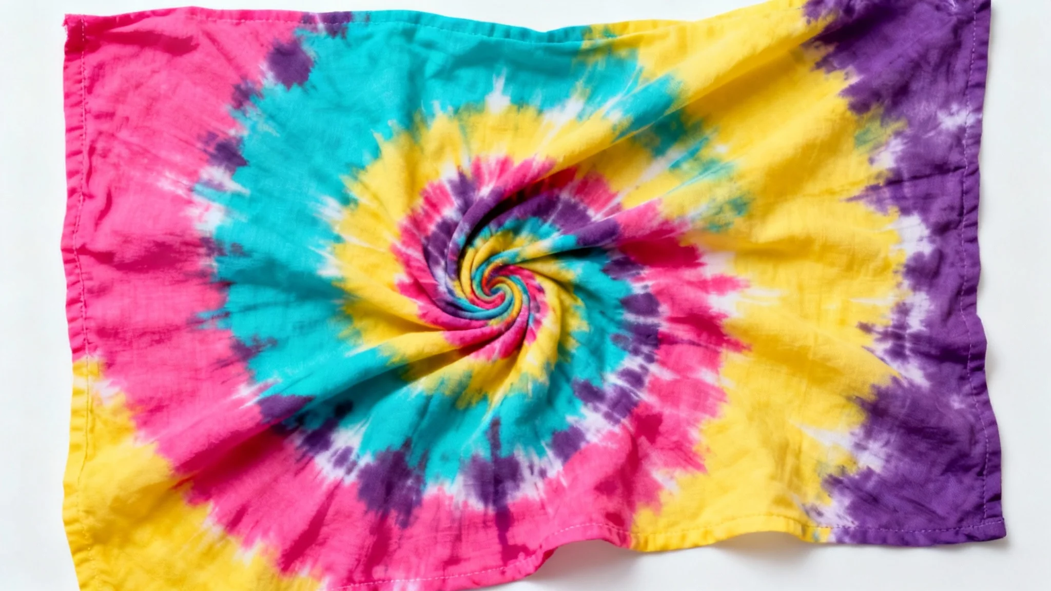 A top-down view of a vibrant spiral tie-dye pattern on a piece of fabric, featuring bright pink, blue, yellow, and purple colors against a clean white background.