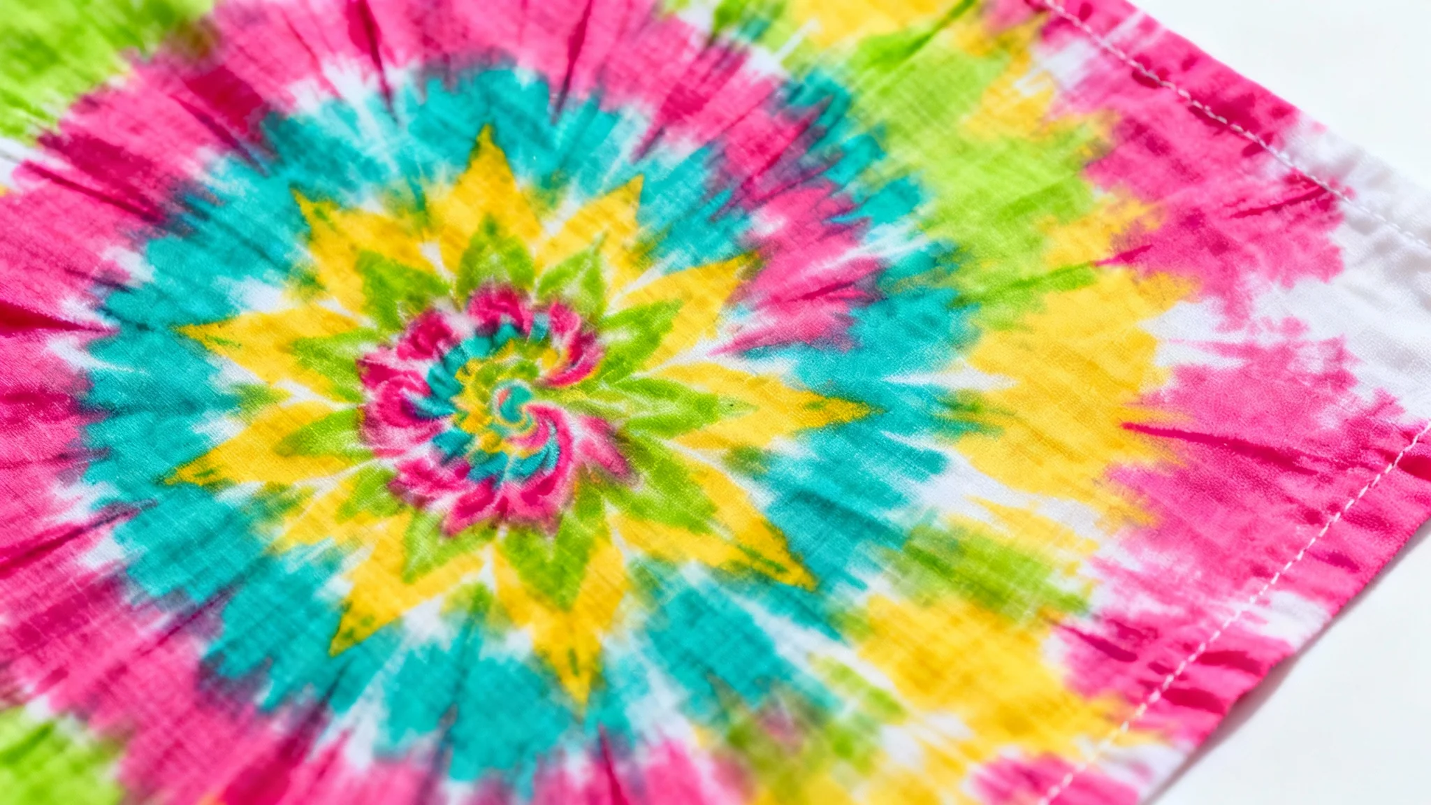 A close-up shot of a brightly colored tie-dye pattern with swirls of pink, blue, yellow, and green, displayed on a crisp white background.