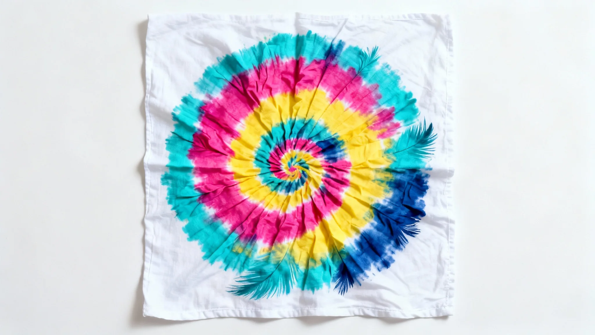 A close-up, top-down view of a vibrant rainbow tie-dye pattern in a spiral design, laid flat on a clean white background.
