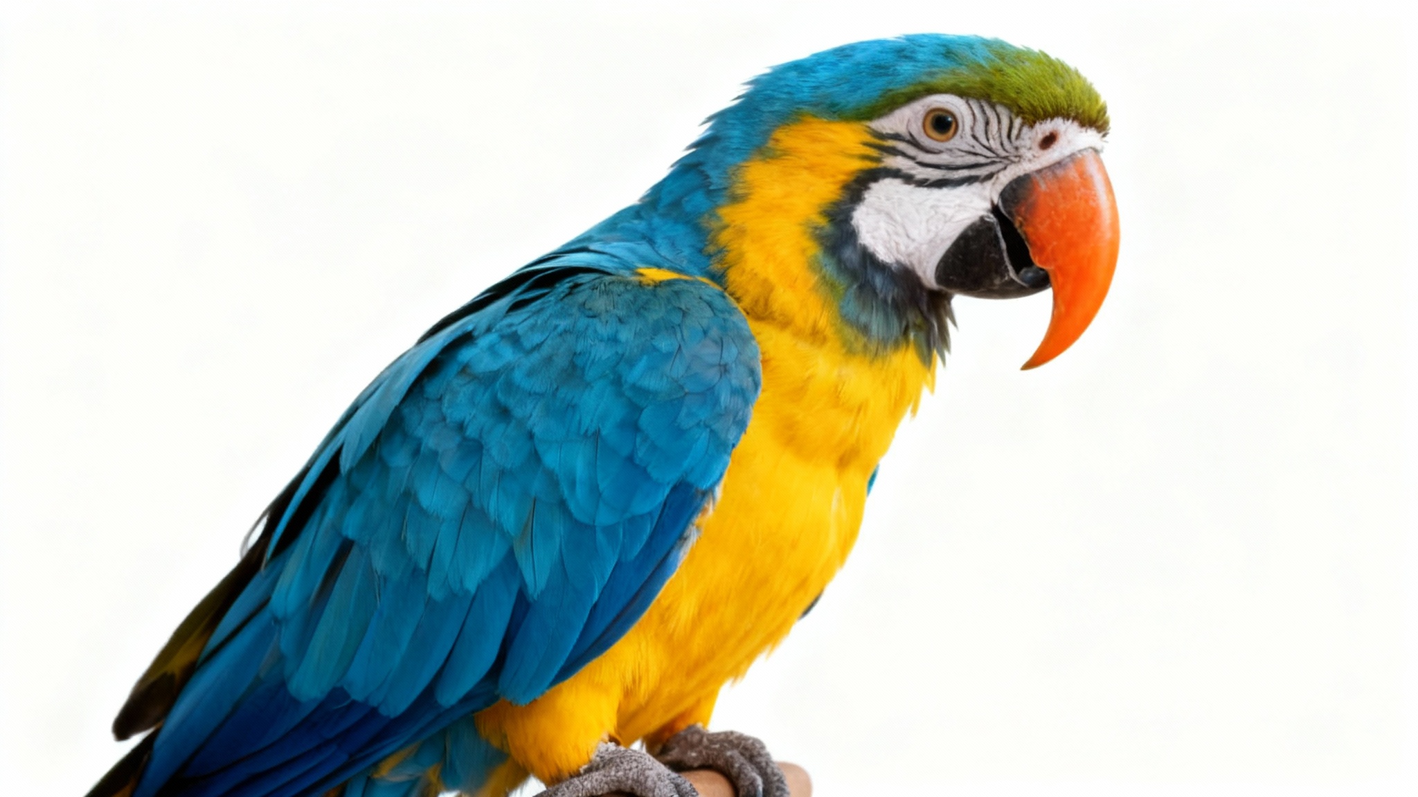 A professionally shot, full-body photograph of a colorful blue and yellow macaw parrot, perfectly isolated against a clean white background.